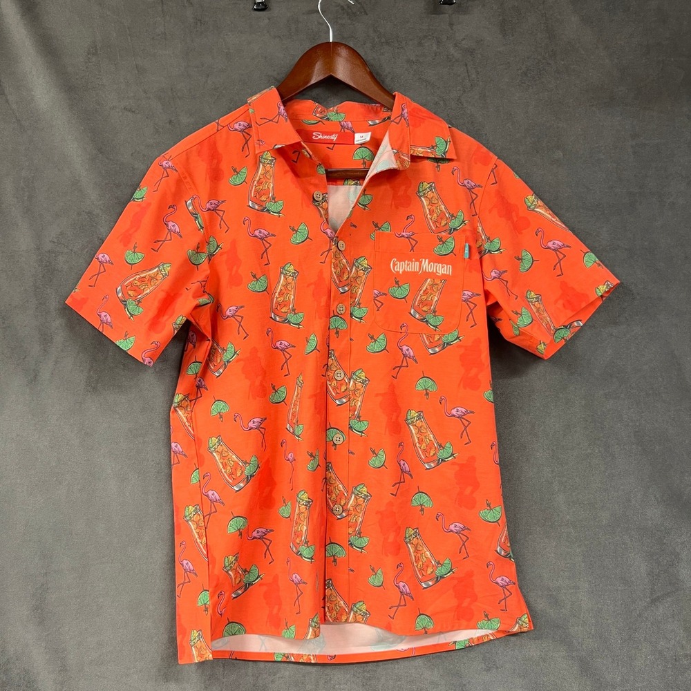 Shinesty Captain Morgan Flamingo Tropical Button Up Shirt Hawaiian Orange M‎